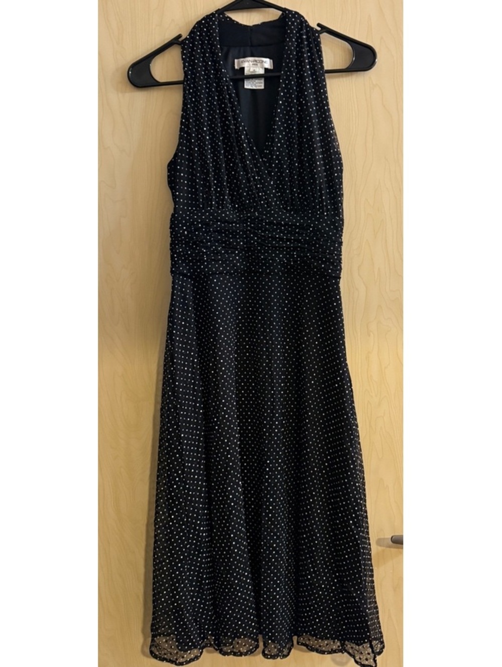 Y2K Evan Picone Black Polka Dot V‑Neck Racerback Mesh Hem Dress Women’s Size 4
